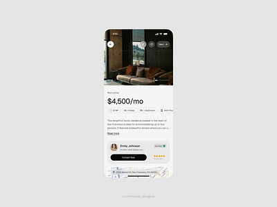 Apartment page on mobile apartment contact details elegant interaction light luxury map minimal photos price product page real estate slider ui ux white