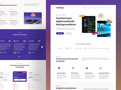Naranja - Digital Company Service Landing Page above the fold agency app business clean company design digital framer hero hosting marketing pricing purple startup template ui ux web design webflow