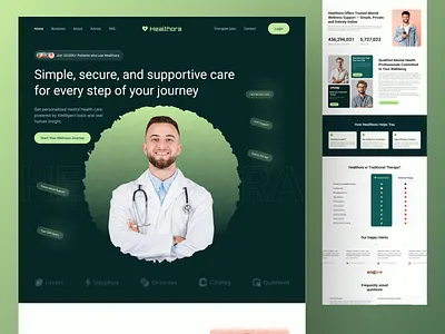 Landing page design for Healthora clean depression health app landing page meditation mental mental health awareness mental illness mentalhealth minimalist design online doctor psychology website pulokpauldesign therapist therapy ui ui design uiux website design website ui design