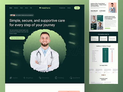 Landing page design for Healthora clean depression health app landing page meditation mental mental health awareness mental illness mentalhealth minimalist design online doctor psychology website pulokpauldesign therapist therapy ui ui design uiux website design website ui design