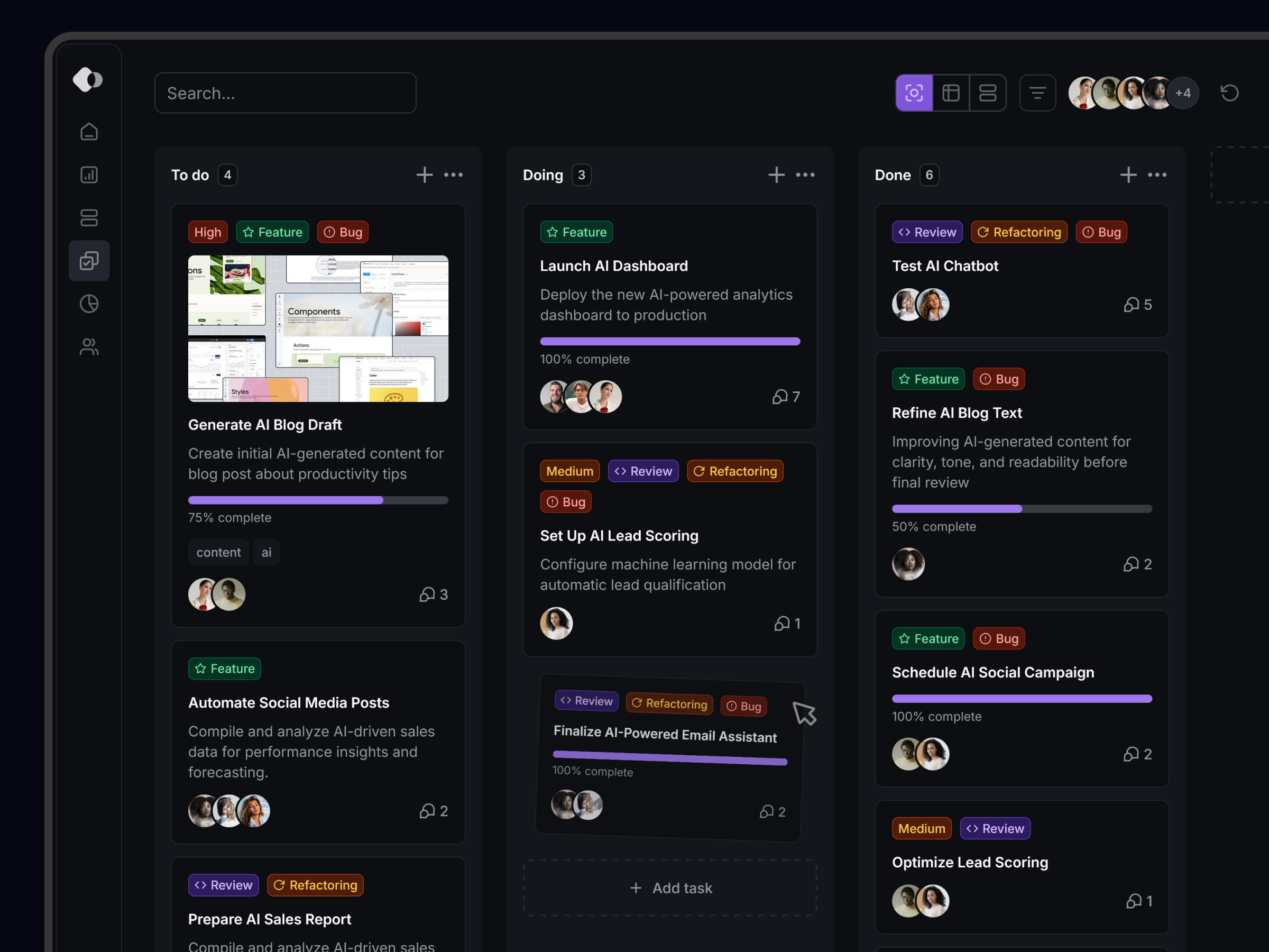 Kanban - Taskmanagement with AI Support ai cards dark dashboard graphic design kanban list saas tasks ui