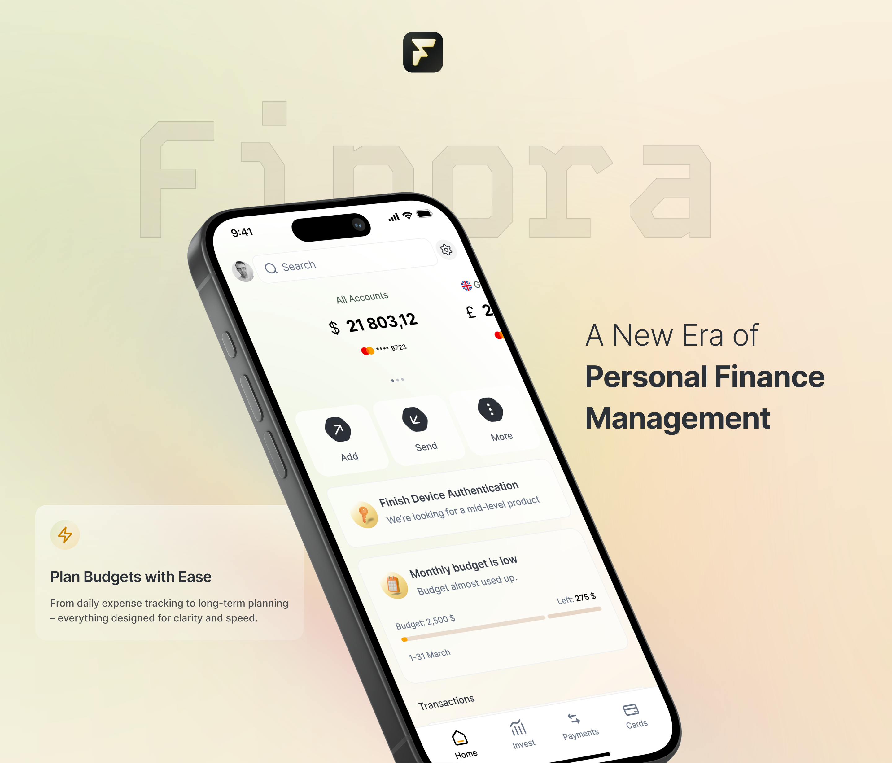 Example of Finora finance mobile app