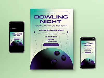 Purple Gradient Bowling Night Flyer Set bowl bowling bowling night game game night gradient green night social media