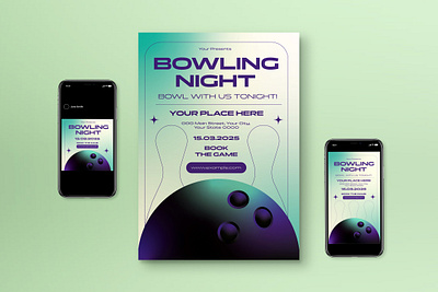 Purple Gradient Bowling Night Flyer Set bowl bowling bowling night game game night gradient green night social media