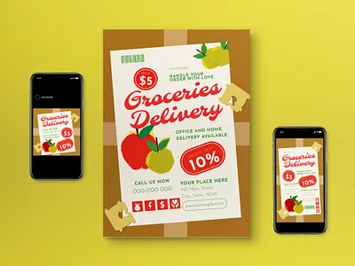 Brown Grocery Delivery Flyer Set brown flat flat design groceries grocery grocery delivery social media