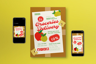 Brown Grocery Delivery Flyer Set brown flat flat design groceries grocery grocery delivery social media