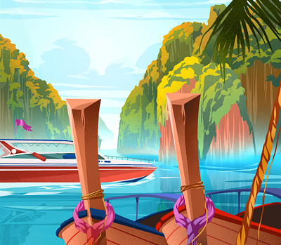 Thailand boat illustration lake landscape mountain nature palm summer sun