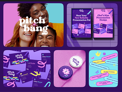 Pitch Bang Branding 3d brand identity branding bright branding business cards colourful graphic design logo design pink and purple pins design poster design vector web design