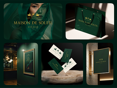 Maison de Soleil Branding brand identity brand strategy branding business card design color palette creative agency creative direction design studio elegant design fashion branding graphic design green and gold high end identity logo design luxury branding modern identity poster design premium branding typography visual identity