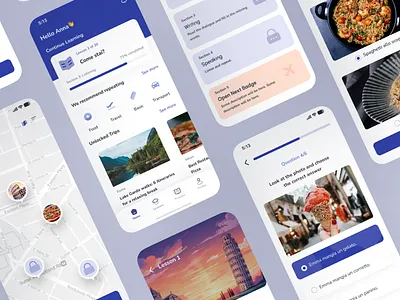 Mobile App UI/UX EdTech Language Learning | Gamified Italian badges city map progression cultural immersion edtech app education figma gamification growth design italian language learning app lessons mobile app design mobile ui quests quiz streaks travel trip uiuxdesign