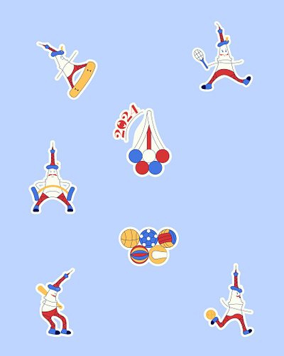 Olympic 2024 Paris Sticker Set artdirection branding cartoon characterdesign colorfulillustration flat illustration funcharacters illustration mascotdesign olympics2024 sportsillustration sportsticker stickerdesign stickerpack vectorart