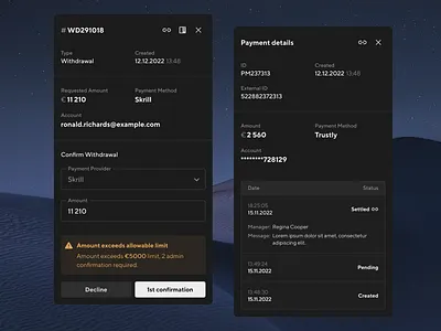 Admin System — Payment and Withdrawal Modals admin affiliate app cms confirm crm dark details drawer erp interface manager modal money panel pay payment saas sidebar withdraw