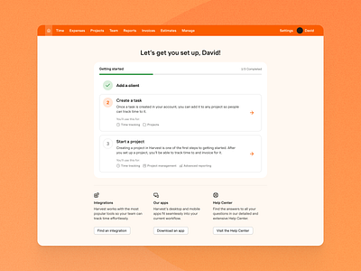 Harvest - Getting started checklist design getting started harvest product design saas time tracking ui
