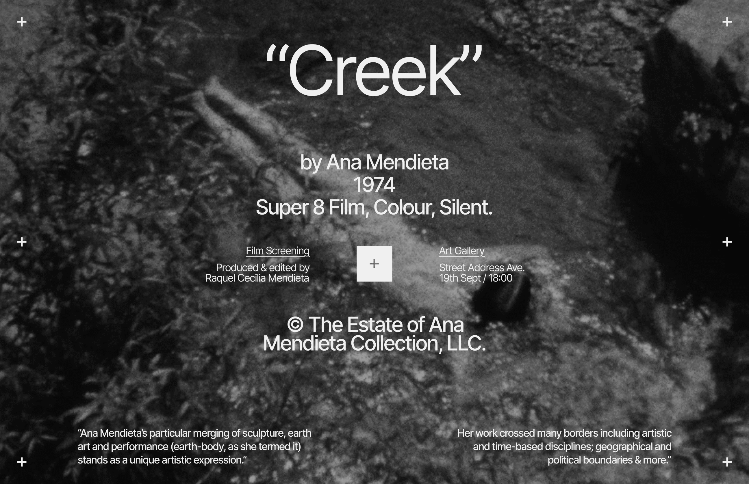 Ana Mendieta / Film Screening Design ana mendieta art artist blackandwhite bw clean design event poster experimental design graphic design grid layout minimalism minimalist minimalist poster movie poster typography ui
