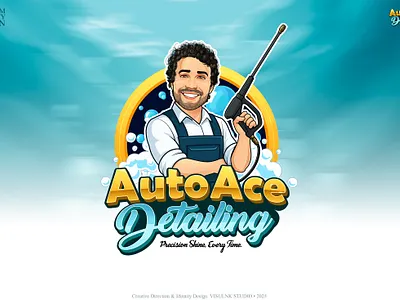 Auto Ace Detailing – Professional Car Detailing Brand Identity auto detailing logo automotive branding branding business card design car care services branding car detailing car wash branding caricature logo character illustration custom mascot logo friendly cartoon logo graphic design mascot logo design mobile car wash professional logo design vector vehicle detailing business
