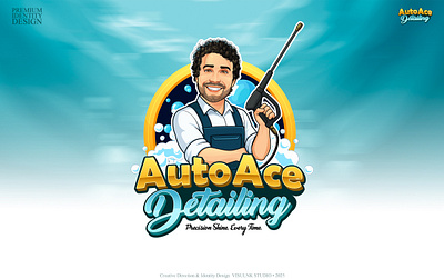 Auto Ace Detailing – Professional Car Detailing Brand Identity auto detailing logo automotive branding branding business card design car care services branding car detailing car wash branding caricature logo character illustration custom mascot logo friendly cartoon logo graphic design mascot logo design mobile car wash professional logo design vector vehicle detailing business