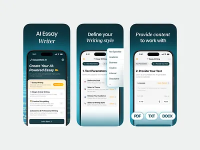 AI Essay Writer App Screenshots ai app screenshots app store aso branding design essay figma graphic design illustration ios iphone modern pencil play market screenshots ui writer