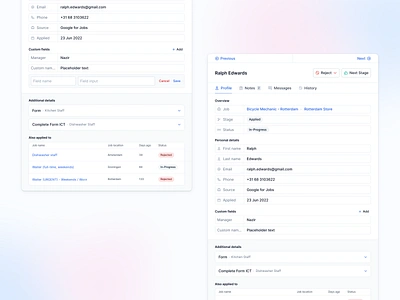 Candidate slider/panel details applicant application candidate candidate details crm details fields input field lever panel profile recruiting recruitment reject saas salesforce side panel slider user details user profile