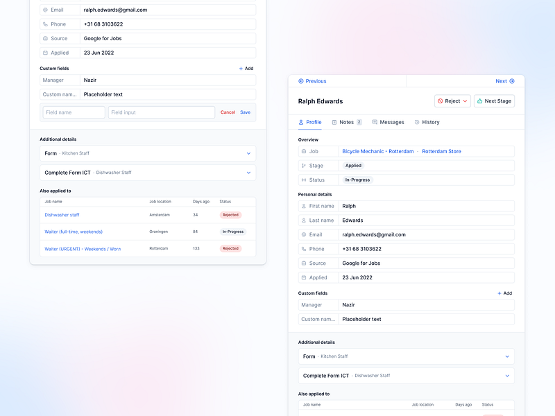 Candidate slider/panel details applicant application candidate candidate details crm details fields input field lever panel profile recruiting recruitment reject saas salesforce side panel slider user details user profile