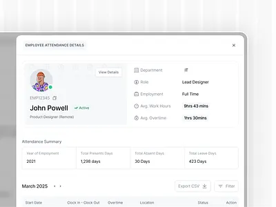 Employee Attendance Details attendance details dashboard employee details hr details hr management ui web design