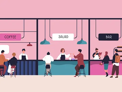 Food courts and outdoor markets vector flat illustration adobe illustrator cartoon crowd customers flat flowers food foodcourt illusttration interior market people person restaurant seller shop tiny vector