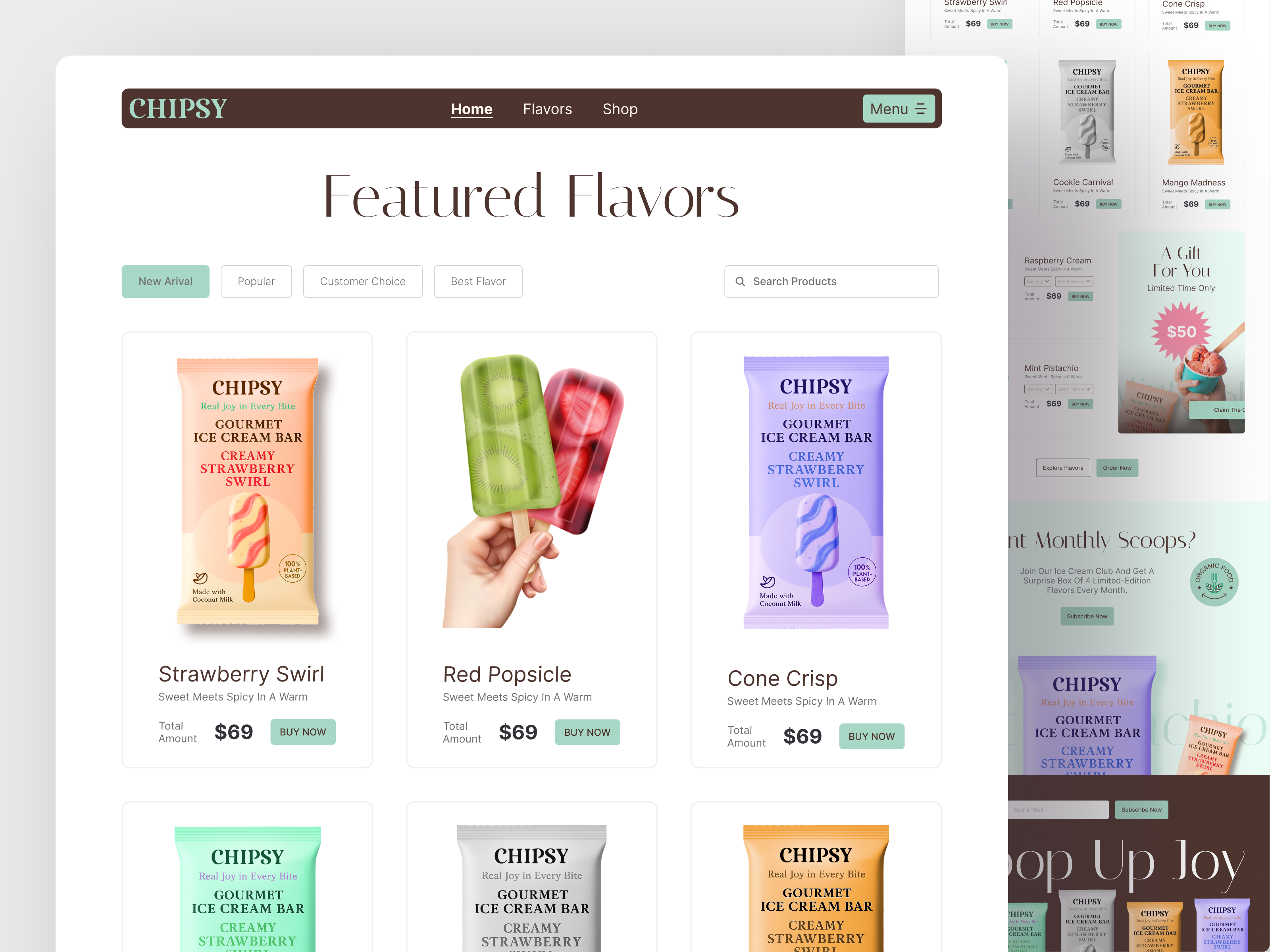 Chipsy Ice Cream – Product Collection Page branding buy cart details ecommerce ecommerce landing page ecommerce product page flavors ice cream ice cream website modern web product details page shop shopify ui user iterface ux web website website design woocommerce