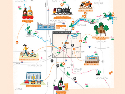 Genesee County illustrated map cartography editorial flint genesee guide illustrated illustration illustrations illustrator map maps michigan print travel