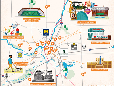 Flint, Michigan illustrated map cartography editorial flint guide illustrated illustration illustrations map maps michigan spot tourist travel