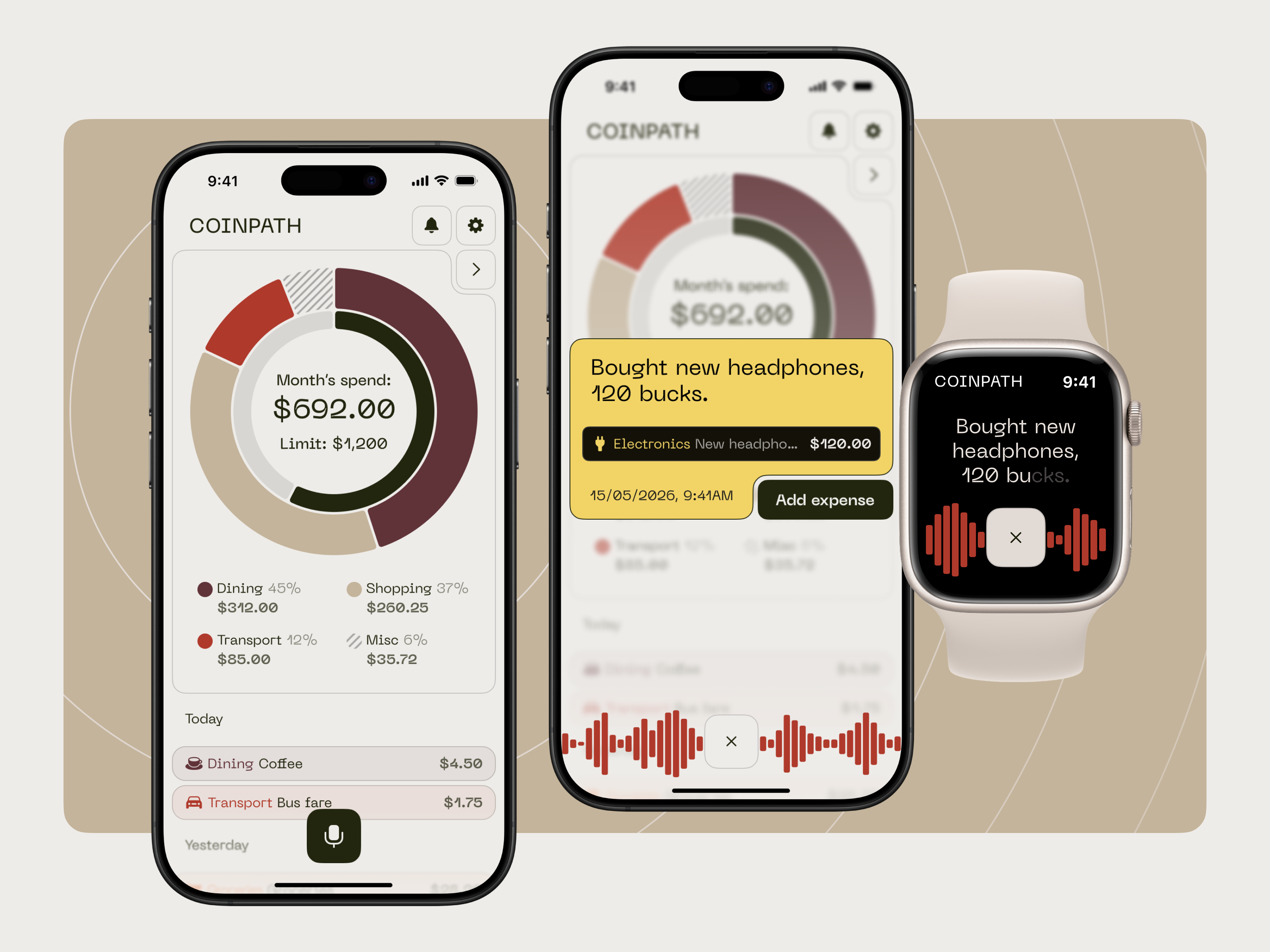 Coinpath — The fastest way to track your spending | App design app apple watch branding concept design expenses finance ios iphone light mode money tracker ui ux voice voice input watchos