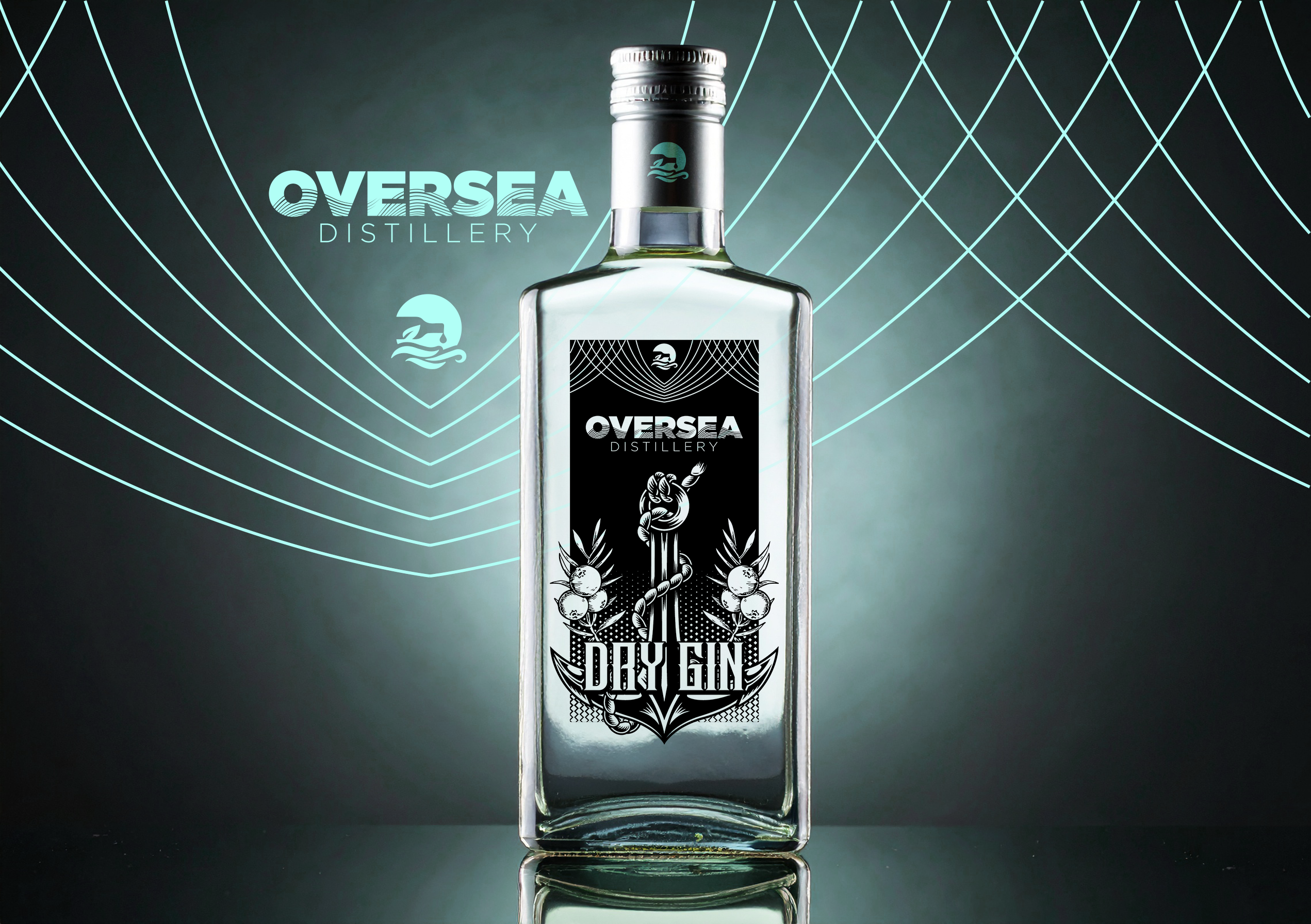 Oversea Distillery - Dry Gin Label Design alcohol anchor boat bottle distillery gin juniper berries label art liquor maryland nautical ocean ship spirits teal waves
