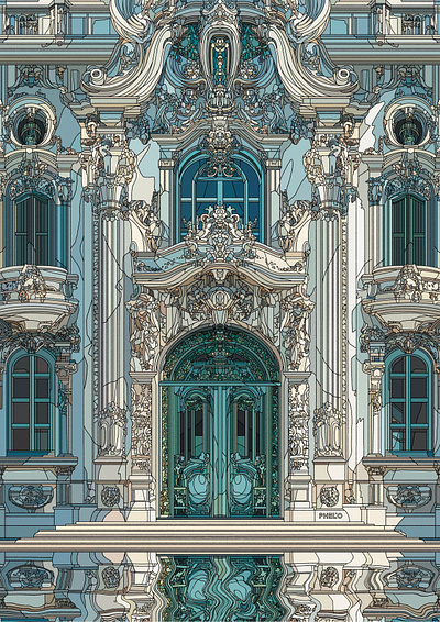 Blue baroque architecture art baroque digital facade illustration painting