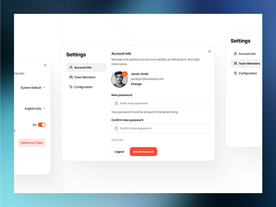 Settings - Account, Team & Configuration app application button configuration dashboard design dropdown enable input language modal password saas settings tab toggle ui uploader ux web