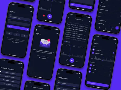 Voxio - AI Voice Narrator App ai app app concept clean ui dark mode figma design interface design minimal design mobile app mobile ui narrator app streaming ui ui design ux design voice voice recording