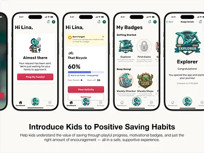 Kids’ savings — progress that feels like a win. badge design design thinking figma finance fintech gamification kidsapp product design ui ux