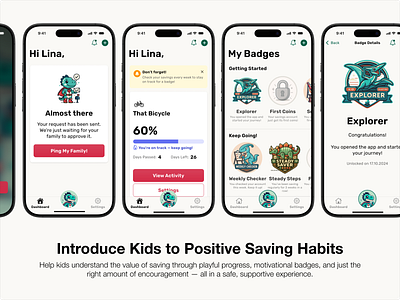 Kids’ savings — progress that feels like a win. badge design design thinking figma finance fintech gamification kidsapp product design ui ux