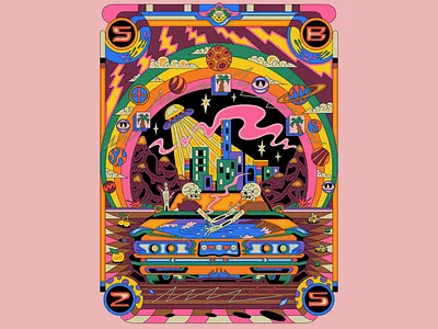 Cosmic Road Trip – Psychedelic Skeleton and UFO Illustration colorful retro poster