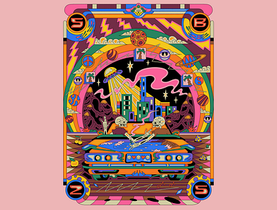 Cosmic Road Trip – Psychedelic Skeleton and UFO Illustration colorful retro poster