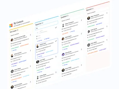 Segmented Contact Management - Designed for SaaS Speed & Clarity board ui card ui contact management ui figmadesign productdesign prospect management ui trello board uiuxdesign
