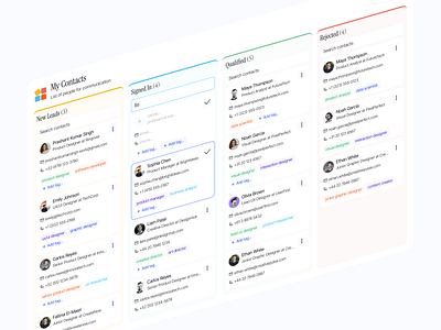 Segmented Contact Management - Designed for SaaS Speed & Clarity board ui card ui contact management ui figmadesign productdesign prospect management ui trello board uiuxdesign