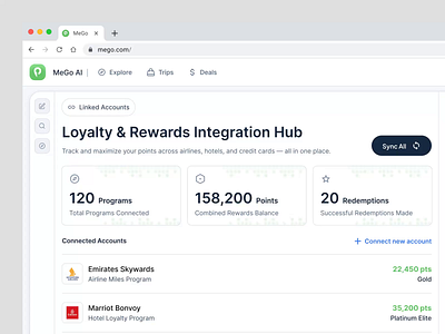 AI Travel Plan Dashboard – MeGo AI (Animation) ai itinerary ai travel dashboard airline rewards credit card rewards hotel booking ui interactive map ui itinerary planner loyalty program ui modern ui design personalized travel rewards dashboard saas dashboard travel app design travel planning ui travel points tracker travel tech travel ux trip planner ai trip planning app user interface design