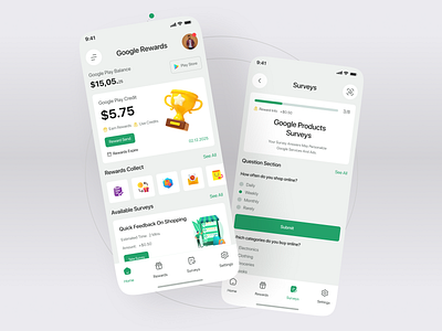 Google Rewards – Survey & Play Credit Earning App UI/UX Design app ui design clean ui earning app google play balance google rewards incentive app minimal app design mobile app design mobile ui kit modern ui design online survey play credit play store credit rewards dashboard rewards program rewards ui survey app ui ux design
