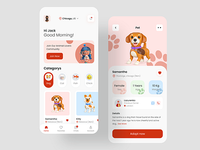 Pet Adoption App adoption app cat clean design dog dog illustration illustration minimal mobile ui pet pet app pet care pet shop puppy social store ui uidesign ux