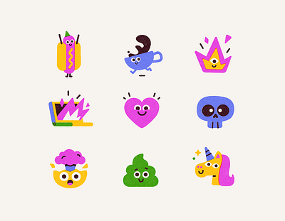 Miro stickers branding character design emoji emoticons hot dog icon icons illustration laptop patswerk skull sticker stickers unicorn vector