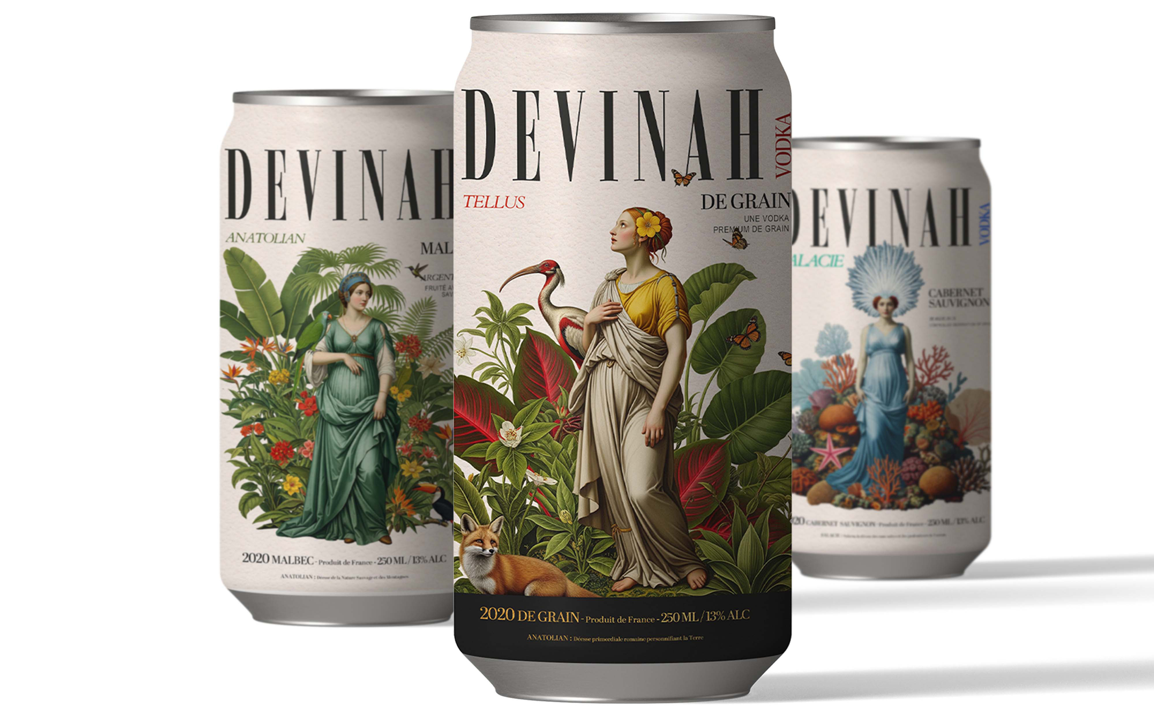 Devinah Vodka Branding & Packaging design alcohol beverage box design brand design brand identity branding breverag can food gin illustration labeldesign lable logo packaging packaging design visual identity vodka vodka bottle vodka can design