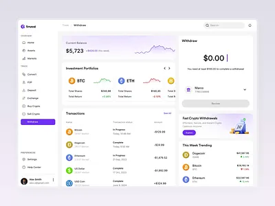 Finvest - Crypto Investment Dashboard Design | Withdraw Page animation app design bitcoin branding card crypto crypto dashboard cryptocurrency dashboard e commerce icons illustration landing page logo logo design mobile mobile app product design typography web design