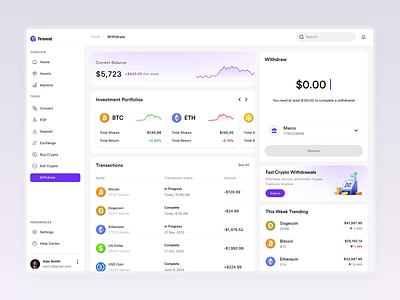 Finvest - Crypto Investment Dashboard Design | Withdraw Page animation app design bitcoin branding card crypto crypto dashboard cryptocurrency dashboard e commerce icons illustration landing page logo logo design mobile mobile app product design typography web design