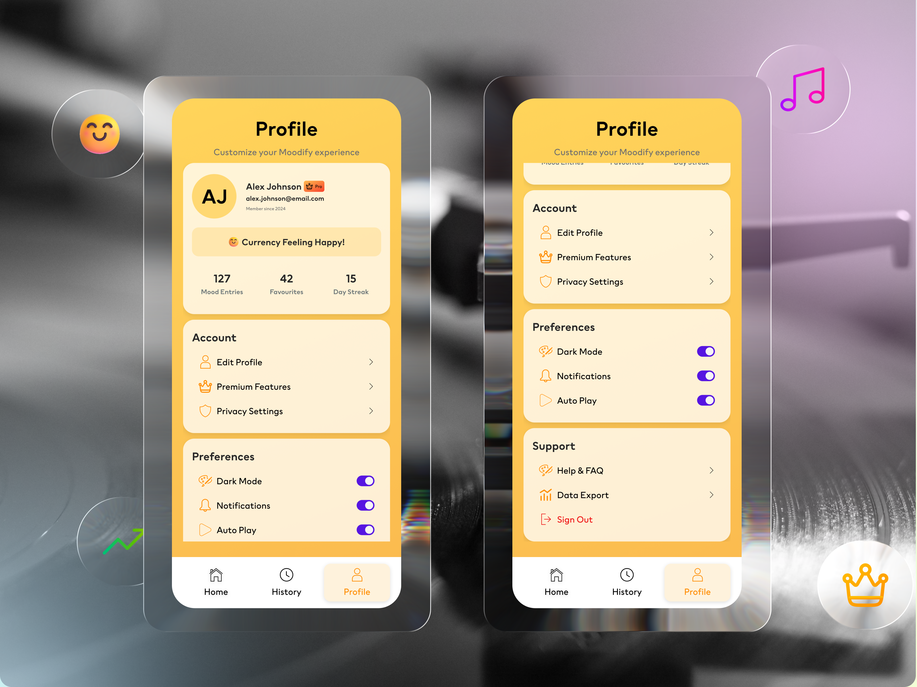Moodify – AI-Powered Mood Check-In & Personalized Music App animation app design clean ui dashboard figma graphic design interactive widget minimal ui mobile app mobile app design modern ui mood app playlist generator self care wellness app