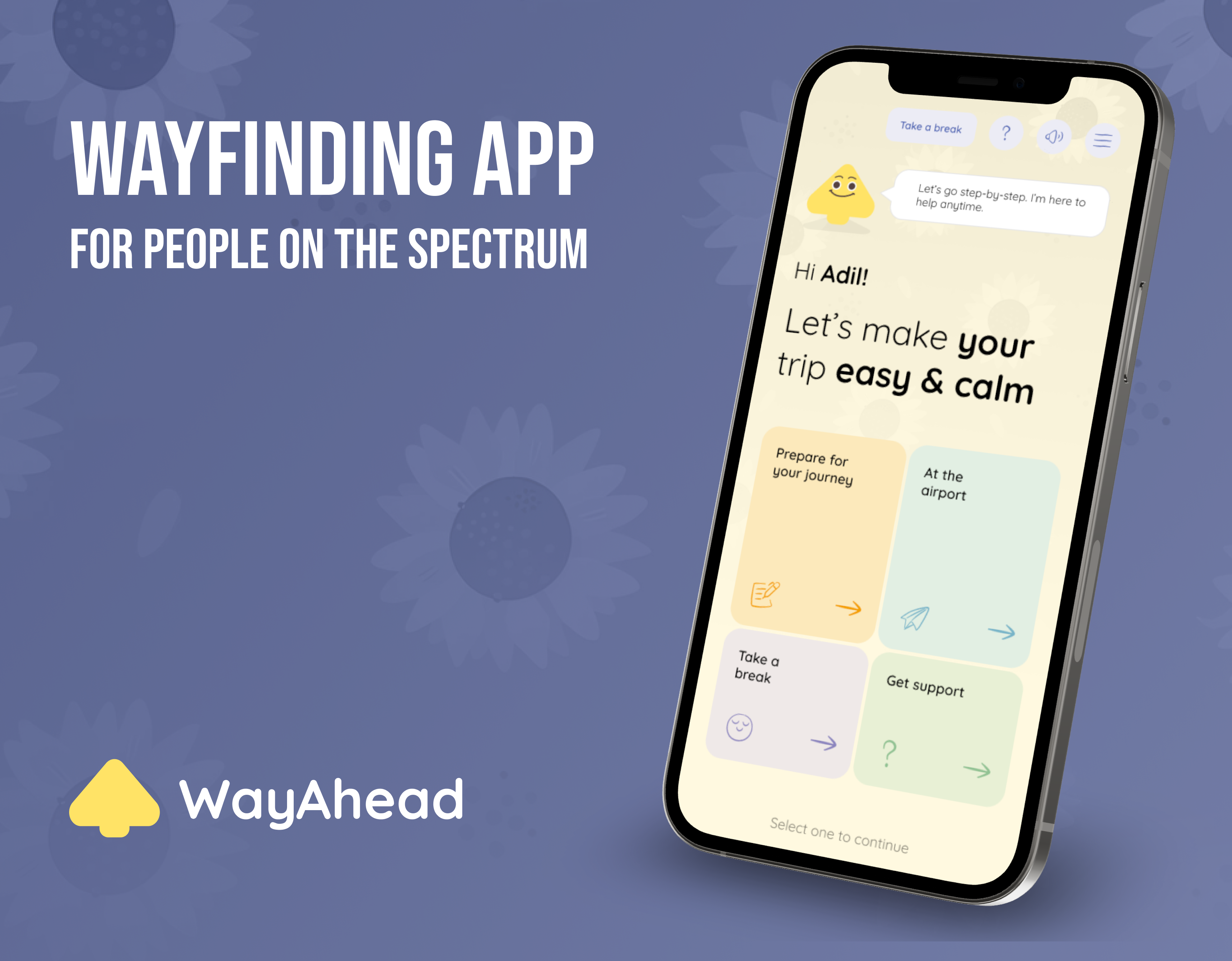 WayAhead - Airport Wayfinding App for People on the Spectrum animation app character companion figma interaction interactive mascot microsite ui ux wayfinding