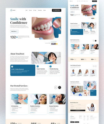 Modern Dental Website Design clean design clinic dental dentist design figma framer hospital landing page medical website moden oral care patient care services smile ui uiux web design website design