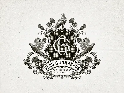 Glas Gunmakers coat of arms crest custom eagle etching hand drawn heraldic heraldry hunting illustration line art logo pheasant typography